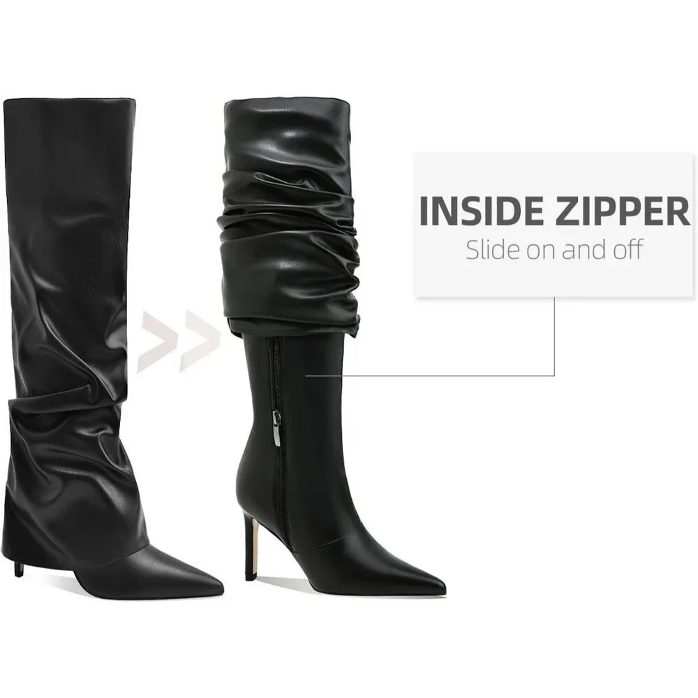 Women's Black Knee High Fold Over Wide Calf Pointed Toe Long Heel Boot